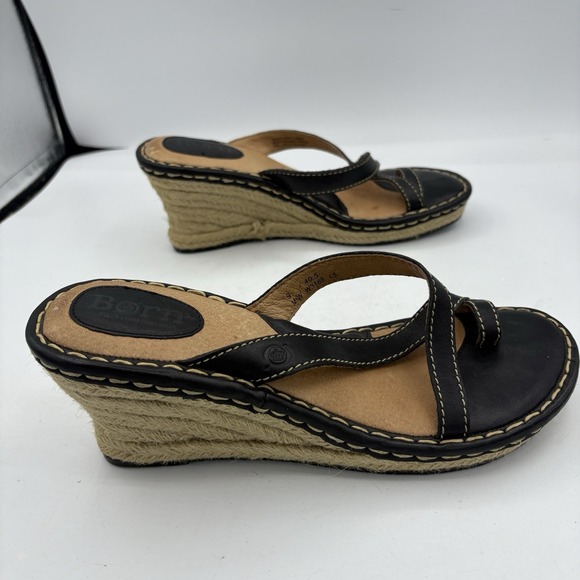Born Sandals Womens Size 8 Black Leather Espadrille Wedge Heel Mule Toe Loop - Picture 9 of 12
